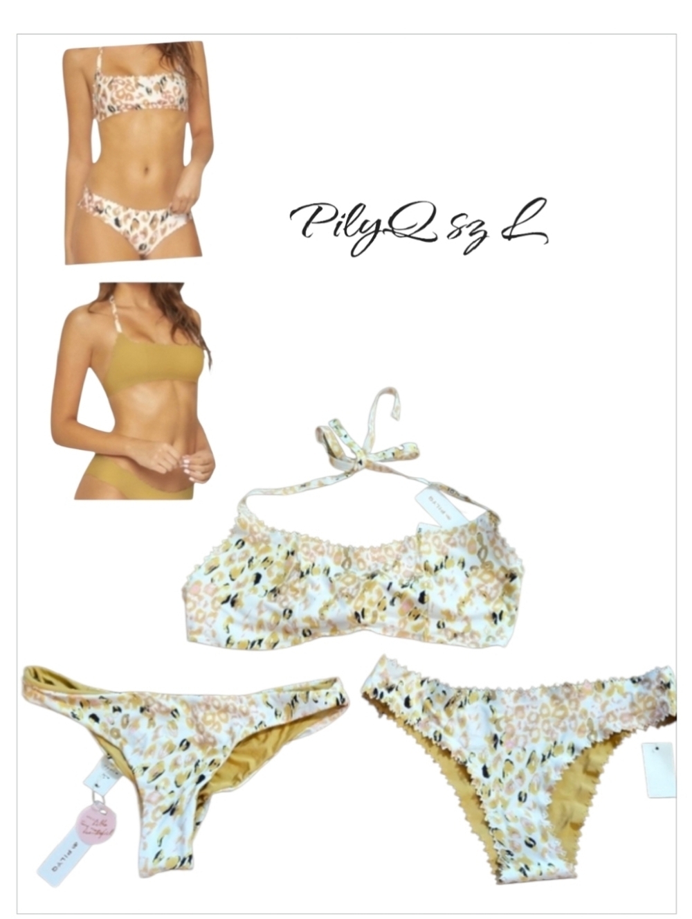 PilyQ Gold Reversible Bikini 3 Piece Swimsuit Set sz L